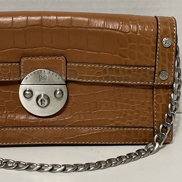 Stunning Michael Kors Alligator Print Leather Camel Handbag Chain Shoulder Bag - Picture 4 of 13